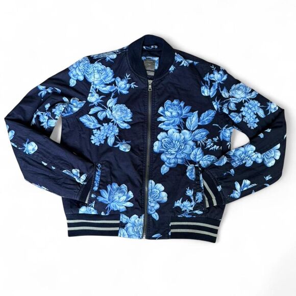 Gap Navy Blue Floral Bomber Jacket Size XS - Picture 1 of 6